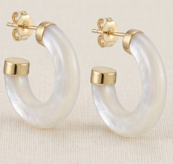 Top quality Sublime Blister Pearl 22K Gold over .925 Sterling Silver handcrafted Earrings - Front view of hoop earrings with pearl and gold accents.