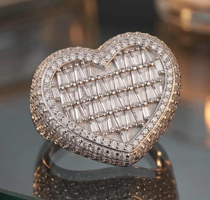 Art Deco Precious Heart - 10.5 carat White Sapphire .925 Sterling Silver Handcrafted Statement Ring size 7 1/2 - Heart-shaped sapphire ring close-up on reflective surface.