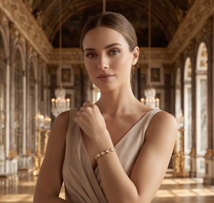 Vittoria Natural 12.8 carat White Topaz 18K Gold over .925 Sterling Silver handmade Statement Bracelet - Model wearing Vittoria White Topaz bracelet in elegant setting