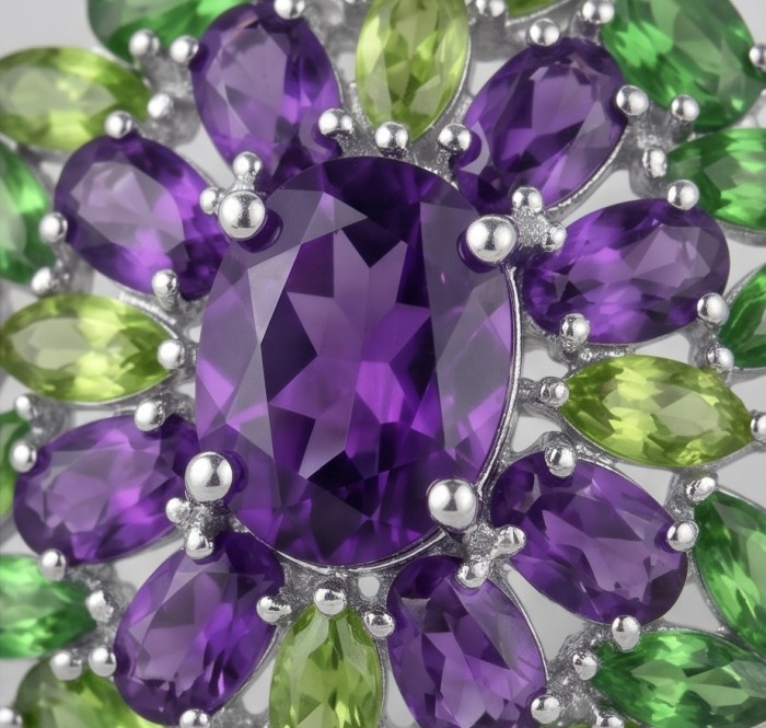 Rosaria Genuine 15.9 carat Brazilian Amethyst rhodium over .925 Sterling Silver handcrafted Statement earrings - Close-up of Rosaria Brazilian Amethyst ring with green gemstones.
