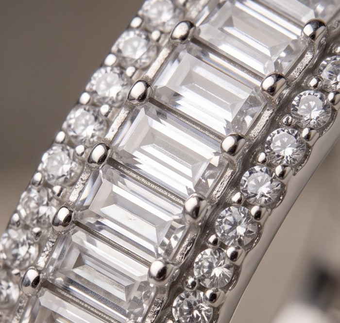 Art Deco Natural 6.5 carat White Topaz rhodium over .925 Sterling Silver handcrafted earrings - Close-up of Art Deco white topaz and rhodium silver ring detailing.