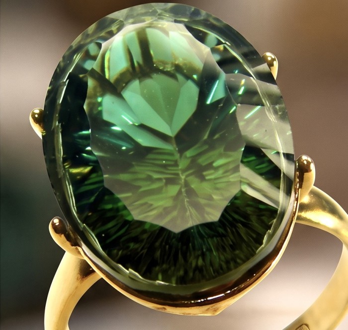 Exotic Beauty oval cut 17.5 carat Helenite .925 Sterling Silver dipped in Real 14k Gold handmade Ring s. 10 adjustable - Close-up of Exotic Beauty oval cut 17.5 carat Helenite ring in gold setting