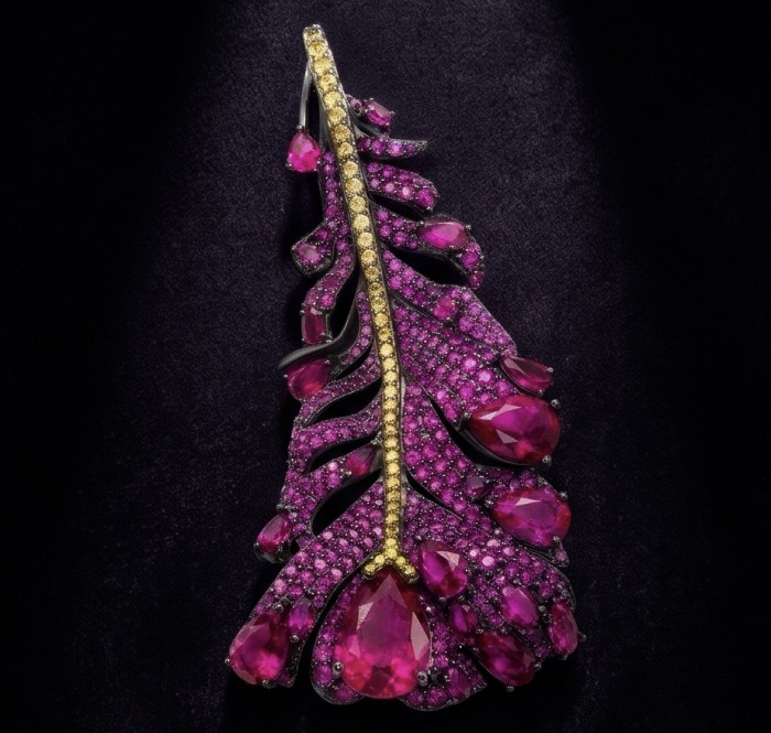 Magic Red Feather Large 10.8 carats Ruby .925 Sterling Silver DIPPED IN RHODIUM handmade Pendant - Brooch - Close-up of Magic Red Feather brooch with rubies and yellow accents.