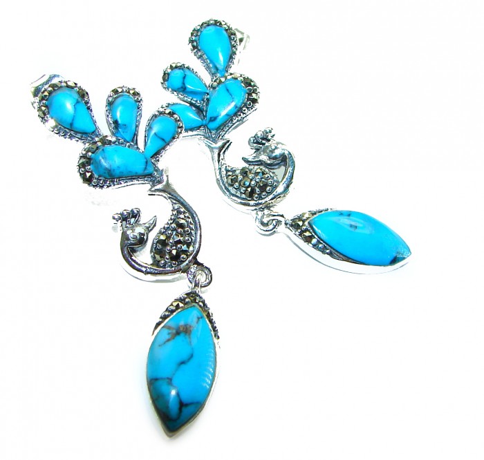 Great authentic inlay Turquoise .925 Sterling Silver handcrafted Earrings - photo 3