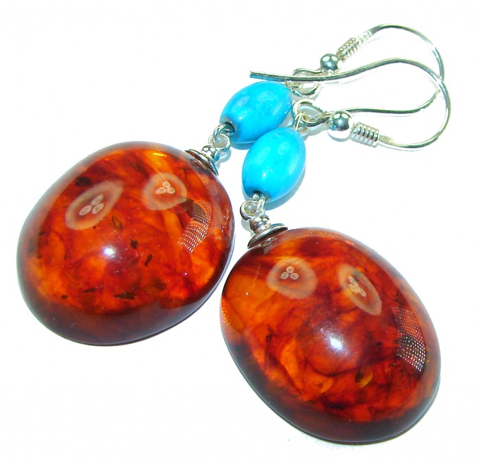 Baltic Polish Amber Turquoise .925 Sterling Silver Earrings - photo 2