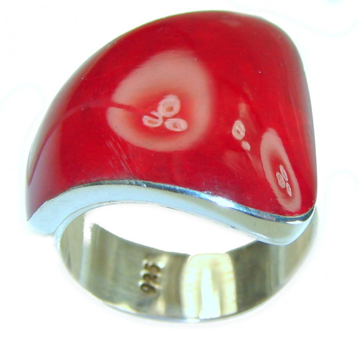 Bohemian Style Natural Fossilized Coral .925 Sterling Silver handmade ring s. 7 adjustable - Side view of Bohemian ring with red fossilized coral and sterling silver band.