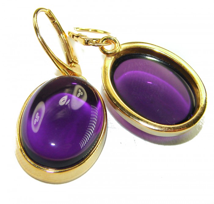 Lavender Beauty authentic 10.2 carat Amethyst 14K Gold over .925 Sterling Silver handcrafted earrings - Gold earrings with purple amethyst stones close-up.
