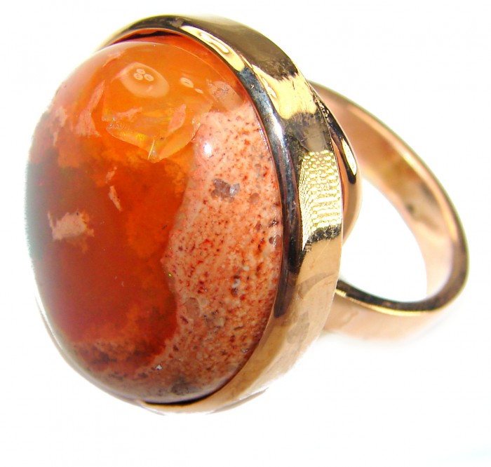 Orange Galaxy best quality 33.4 carat Mexican Opal 18K Rose Gold over .925 Sterling Silver handmade ring 8 adjustable - Close-up of orange Mexican Opal ring in 18K gold setting.