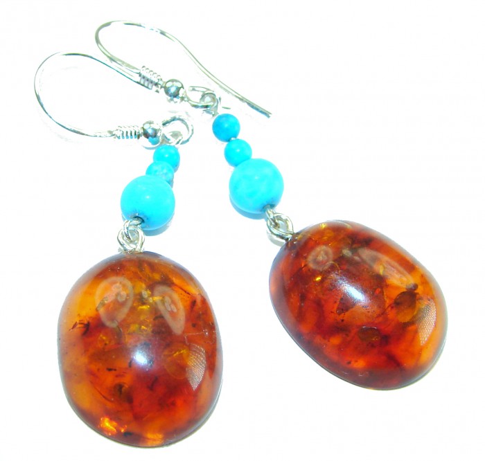 Golden Honey Drops authentic Baltic Amber .925 Sterling Silver earrings - Amber and turquoise earrings, front view, .925 sterling silver hooks
