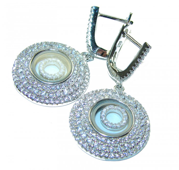 Floating Memories 4.5 carat White Sapphire .925 Sterling Silver Handcrafted earrings - Earrings with white sapphires, front view, clasp and stone details visible.