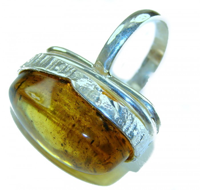 Beauty of the Nature Baltic Amber .925 Sterling Silver handcrafted HUGE ring; s. 7 adjustable - Baltic amber ring side view in .925 sterling silver setting