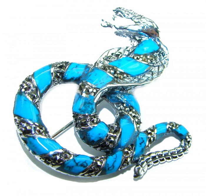 Cobra Snake inlay Turquoise .925 Sterling Silver handcrafted Brooch - Close-up of a turquoise inlay cobra brooch in .925 sterling silver