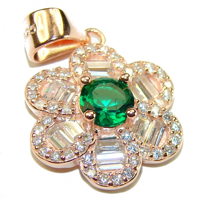 Green Flower 2.1 carat Emerald .925 Sterling Silver dipped in real 18K Gold handmade Statement pendant - Close-up of green emerald flower pendant with silver accents