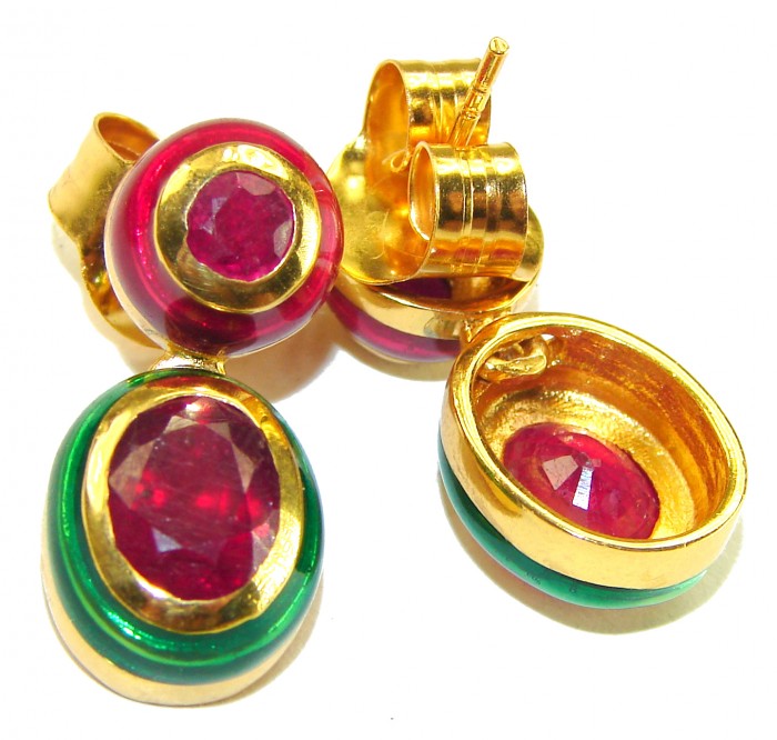 Countless Blessings Genuine 4.5 carat Authentic Ruby enamel 18K Gold over .925 Sterling Silver handcrafted earrings - Close-up of Countless Blessings Ruby earrings, gold and enamel detail.