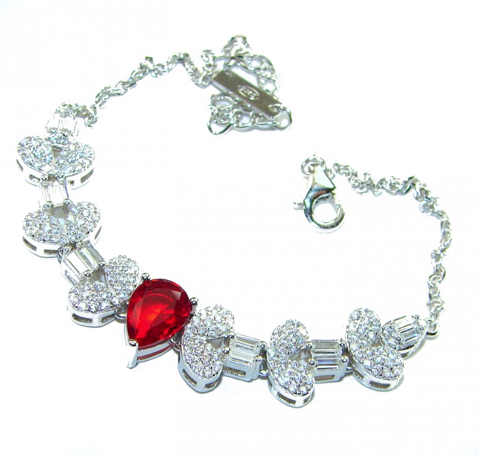 Art Deco - Crimson Royalty 4.2 carat Ruby .925 Sterling Silver .925 Sterling Silver Statement Bracelet - Art Deco bracelet with ruby and clasp detail on white background