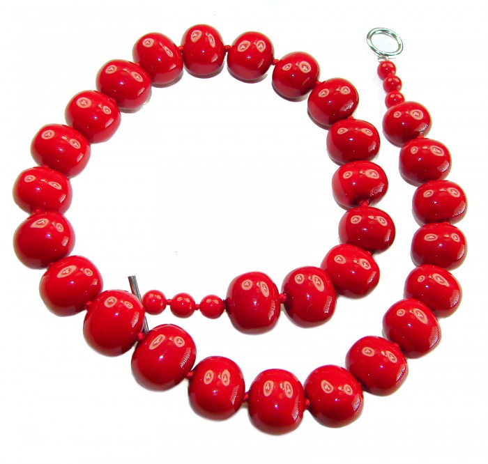 ESTANCIA Sublime natural Red Fossilized Coral Sterling Silver handmade Necklace - Red fossilized coral necklace detail on white background
