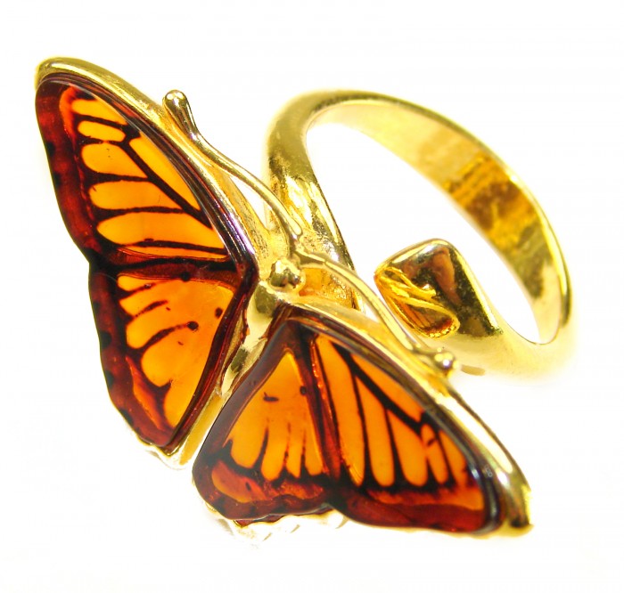 Butterfly Authentic carved Baltic Amber 18K Gold over .925 Sterling Silver handcrafted ring; s. 8 adjustable - Side view of butterfly ring in Baltic amber and 18K gold