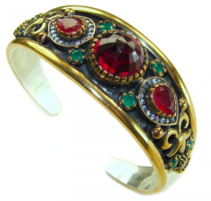 Victorian Style 22.5 carat Ruby & White Topaz .925 Sterling Silver Bracelet / Cuff - Victorian bracelet side view with rubies and topaz settings