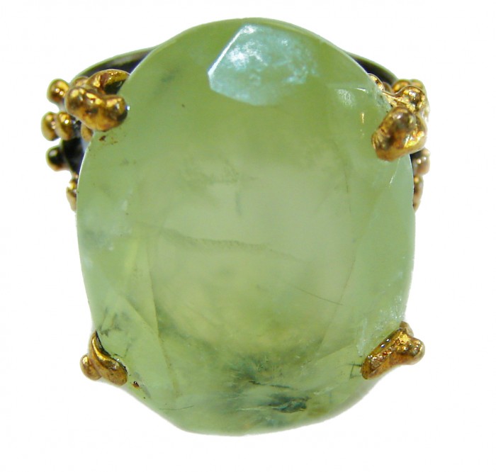 Best quality Prehnite rhodium over .925 Sterling Silver handcrafted Ring Size 6 - Close-up of Prehnite gemstone in sterling silver ring setting.