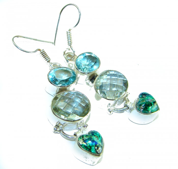 Pastel World Authentic 18.5 carat Brazilian Citrine Green Amethyst .925 Sterling Silver brilliantly handcrafted Statement earrings - Close-up of two silver earrings with blue and green stones