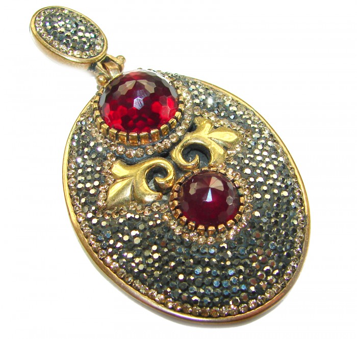 Victorian Style authentic Ruby .925 Sterling Silver handmade Pendant - Close-up of Victorian style ruby pendant with decorative details.