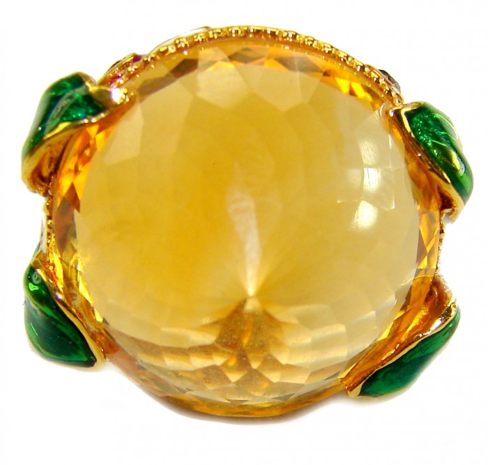 Natural 27.2 carat Brazilian Citrine white enamel .925 Sterling Silver dipped in 22K Gold handmade Statement Ring size 6 1/2 - Citrine ring close-up with green enamel accents, 27.2 carats.