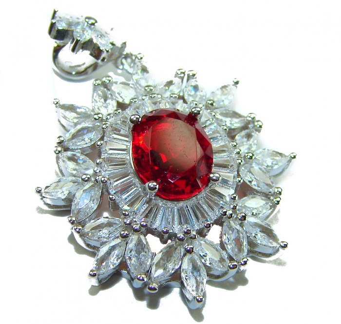 Heirloom Genuine 4.5 carat Ruby .925 Sterling Silver handmade Pendant - Close-up of heirloom ruby and silver pendant, intricate stone setting