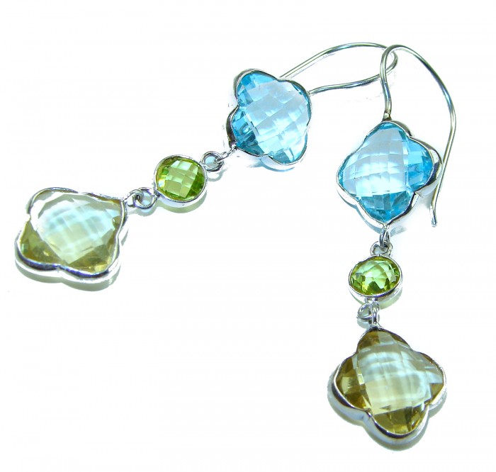 Clover 15.7 carat Swiss Blue Topaz Green Amethyst .925 Sterling Silver Statement earrings - Clover earrings with blue topaz and green amethyst, front detail view