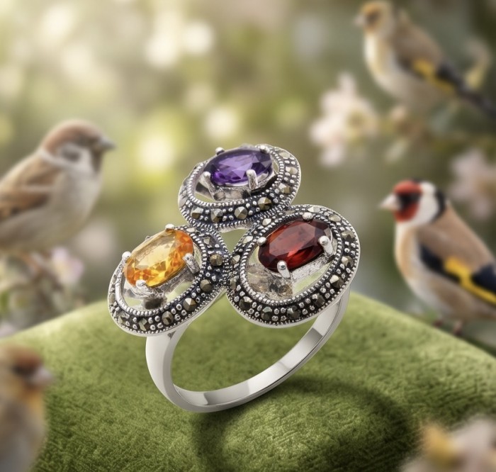 Fiesta Authentic 8.5 carat Multigem .925 Sterling Silver brilliantly handcrafted Ring size 9 - Front view of multicolor gem sterling silver ring with bird background.