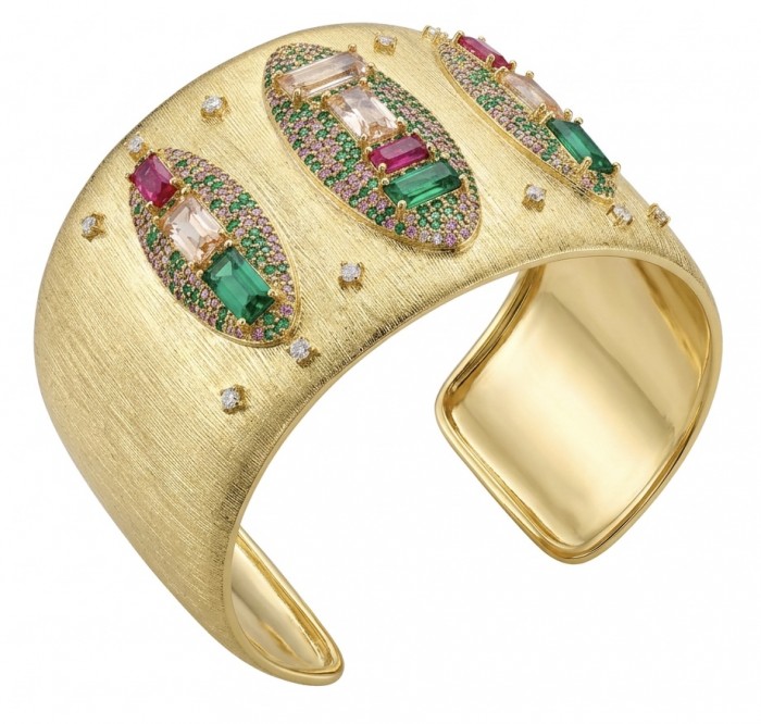 Byzantine design Authentic 4.2 carat 18K Gold over .925 Sterling Silver handcrafted Large Ring s. 8 - Gold cuff bracelet with gemstones, side view, Byzantine design.