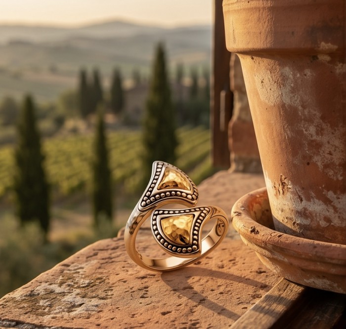 Precious Natural two tones .925 Sterling Silver Bali made ring size 9 - Two-tone Bali silver ring on rustic ledge with scenic vineyard backdrop