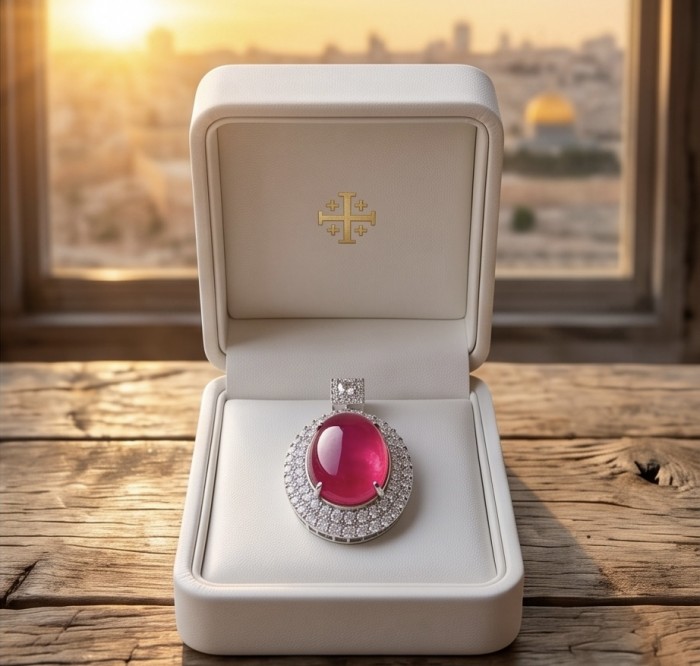 Rare 16.2 carat authentic Kashmir Ruby rhodium over .925 Sterling Silver handmade Statement Pendant - Front view of 16.2 carat Kashmir Ruby pendant in an open jewelry box.