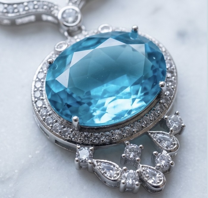 A Wild Ocean genuine 27.4 carat Paraiba Tourmaline .925 Sterling Silver handmade Statement necklace - Stone close-up of Wild Ocean Paraiba Tourmaline pendant.