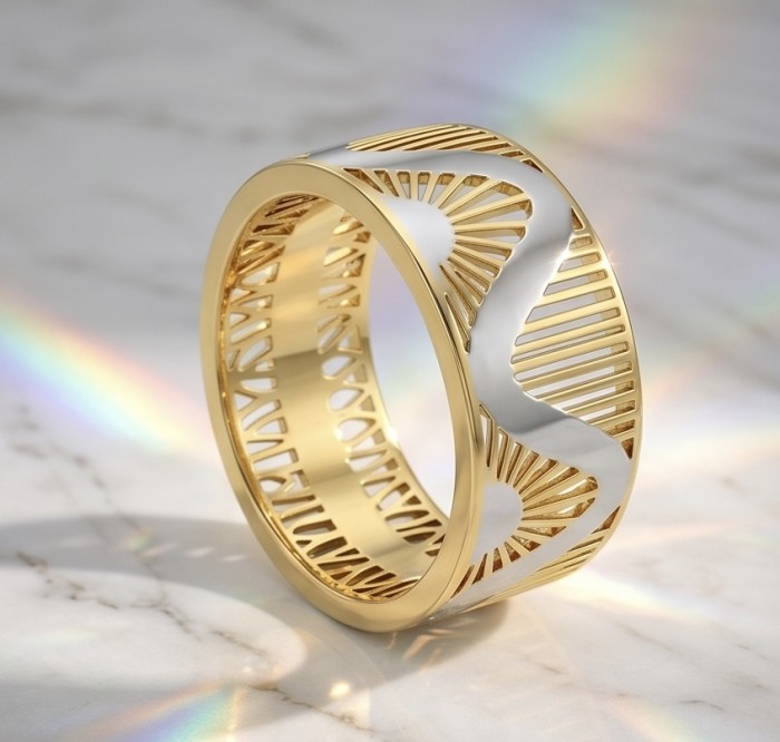 Secret code Precious Natural two tones .925 Sterling Silver Women ring size 12 - Side view of two-tone sterling silver ring with intricate design.