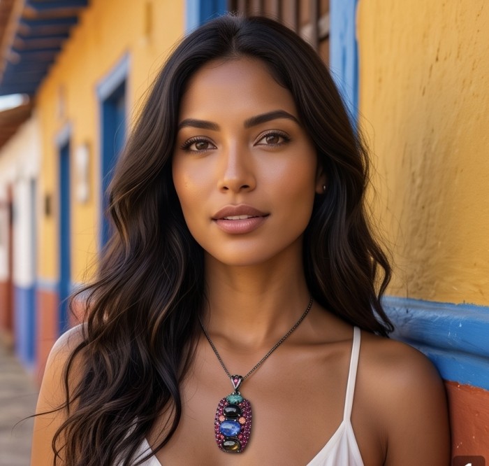 Stella 16.5 carat Brazilian Watermalon Tourmaline black rhodium over .925 Sterling Silver handmade Pendant - Woman wearing Stella necklace with colorful gemstones, front view.