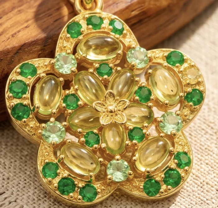 Amzonia - Authentic 8.5 carat Peridot Tsavorite Garnet 18K Gold over .925 Sterling Silver handmade Statement Pendant - Close-up of Amzonia pendant with peridot and tsavorite garnets.