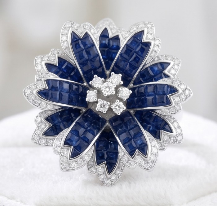 Born to Glam mystery setting 12.2 carat natural Sapphire .925 Sterling Silver Perfectly handcrafted Ring s. 8 - Front view of sapphire flower ring with diamond accents