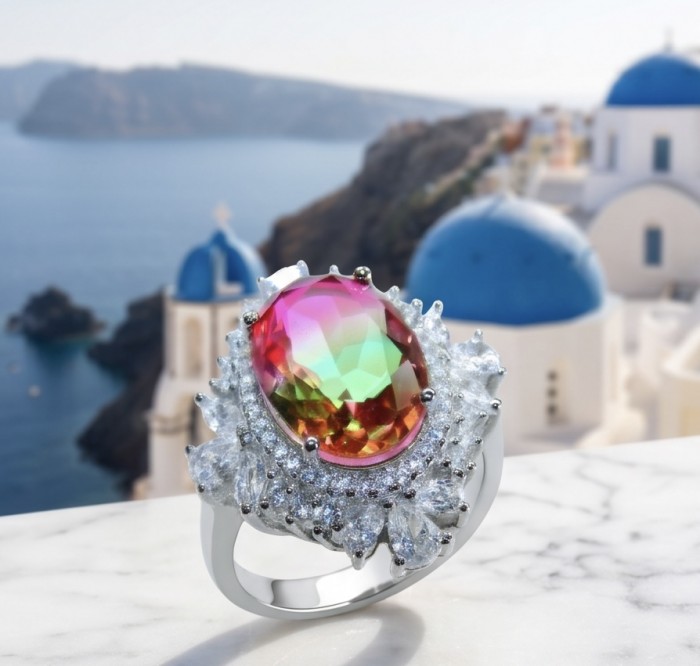 Carolyn 6.8 carat Brazilian Tourmaline .925 Sterling Silver Perfectly handcrafted Ring s. 7 1/2 - Tourmaline ring close-up with Greek island backdrop.
