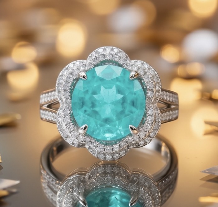 Giovanna - Authentic 9.9 carat COLOMBIAN EMERALD .925 Sterling Silver handcrafted Ring size 7 1/4 - Close-up of Giovanna Colombian emerald ring with diamond accents.