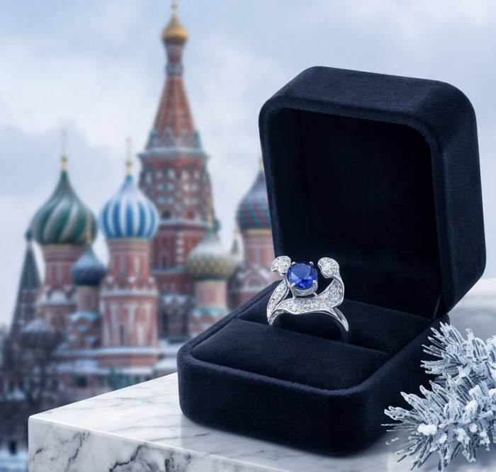 Julietta floral design 7.5 carat Sapphire .925 Sterling Silver handmade Statement ring size 6 - Sapphire ring in velvet box, ornate building in background