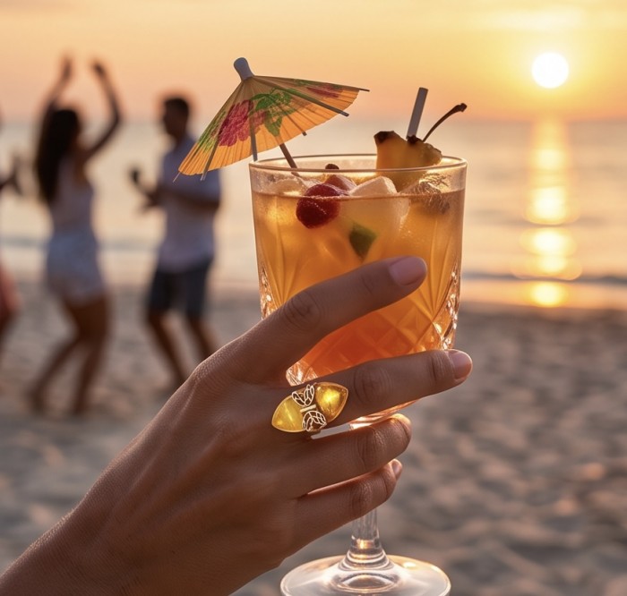 Vintage Style Authentic Golden Butterscotch Baltic Amber 18K Gold over .925 Sterling Silver entirely handcrafted ring; s. 8 - Amber ring worn on hand holding cocktail, beach sunset background