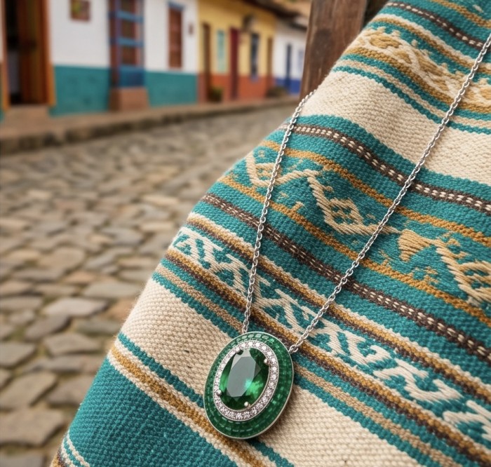 Art Deco - Royalty 10.2 carat Emerald .925 Sterling Silver .925 Sterling Silver Statement Necklace - Emerald necklace on patterned textile, showcasing stone close-up.