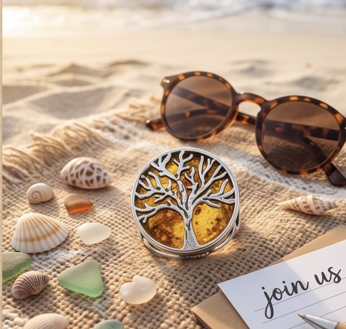 Family Tree Authentic Baltic Amber .925 Sterling Silver handcrafted ring s. 6 3/4 - Beach scene with family tree amber pendant, sunglasses, seashells nearby.