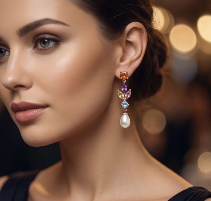 Giovanna - Authentic 4.5 carat Multigem 14K Rose Gold over .925 Sterling Silver handcrafted earrings - Side view of multigem earring with pearl drop on model's ear