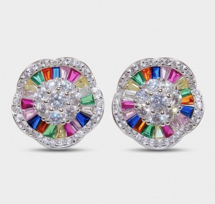 Extravaganza authentic 3.5 carat Multigem rhodium over .925 Sterling Silver Handcrafted Earrings - Colorful multigem earrings, front view, rhodium over silver.