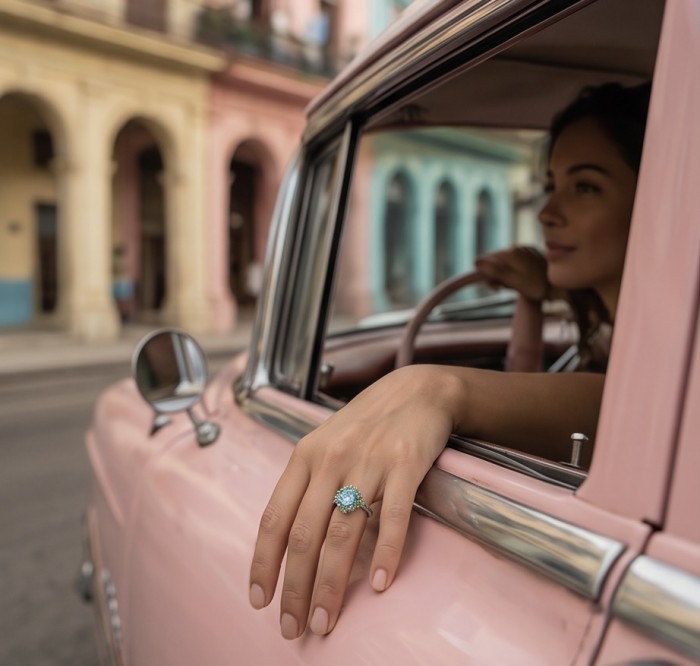 Pacifica 4.8 carat Swiss Blue Topaz .925 Sterling Silver handcrafted ring size 9 - Pacifica Blue Topaz ring worn on hand in vintage car.