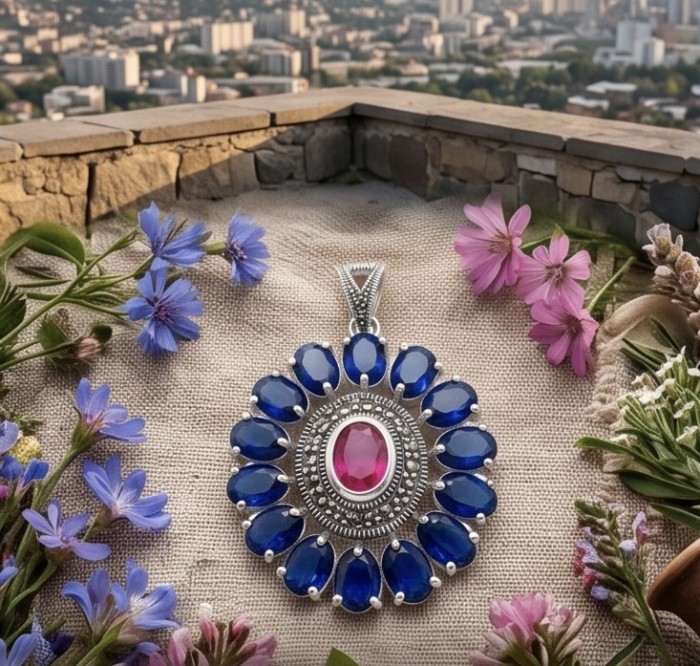 Giovanna 22.2 carat authentic Mozambique Ruby .925 Sterling Silver handmade Pendant - Pendant with Mozambique ruby and blue stones on fabric with flowers.