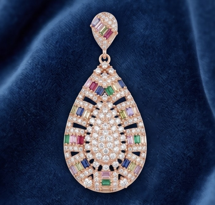 Julietta - Excellent quality 11.9 carat Multigem 18K Rose Gold over .925 Sterling Silver handcrafted Pendant - Teardrop pendant front view, multicolored gems and diamonds