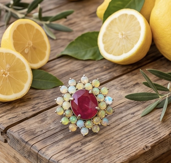 King of Gems Genuine 8.9 CARAT Mozambique Star Ruby 4.8 carat Fire Opal rhodum over .925 Sterling Silver Large Statement Ring size 7 1/4 - Ruby ring with opal stones on wood, lemons in background