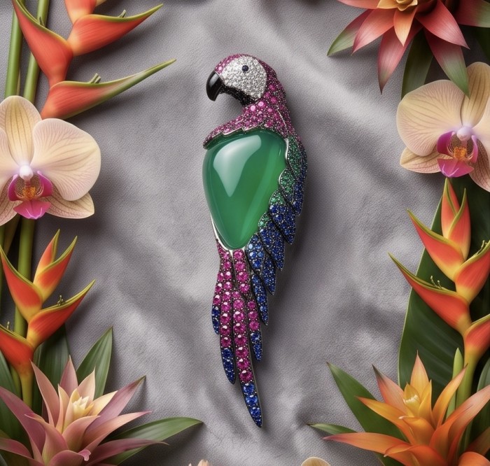 Vibrance & Joy - exotic Parrot - Genuine 22.4 carat Jade from New Zealand .925 Sterling Silver dipped in rhodium handmade Pendant - Brooch - Exotic parrot brooch with jade center, surrounded by colorful blooms.